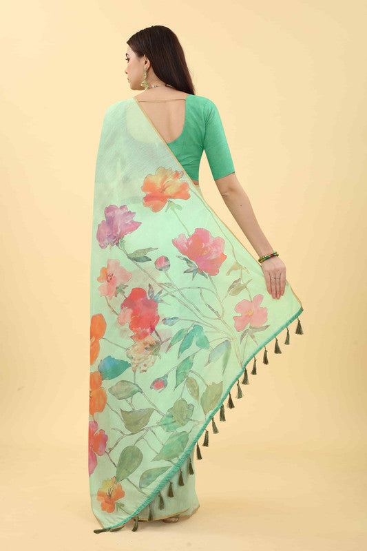 Green Cotton Blend Printed Floral Saree with Unstitched Blouse - Hiral Fashion - Distacart