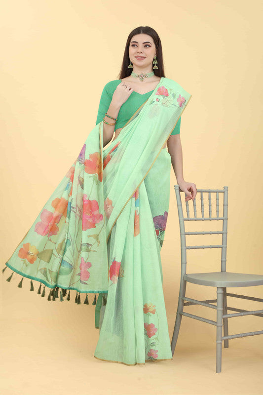 Green Cotton Blend Printed Floral Saree with Unstitched Blouse - Hiral Fashion - Distacart