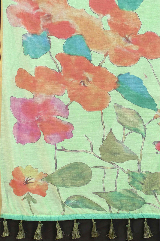 Green Cotton Blend Printed Floral Saree with Unstitched Blouse - Hiral Fashion - Distacart