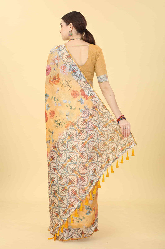Peach Cotton Blend Printed Floral Saree with Unstitched Blouse - Hiral Fashion - Distacart