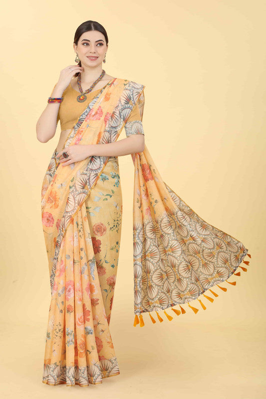 Peach Cotton Blend Printed Floral Saree with Unstitched Blouse - Hiral Fashion - Distacart