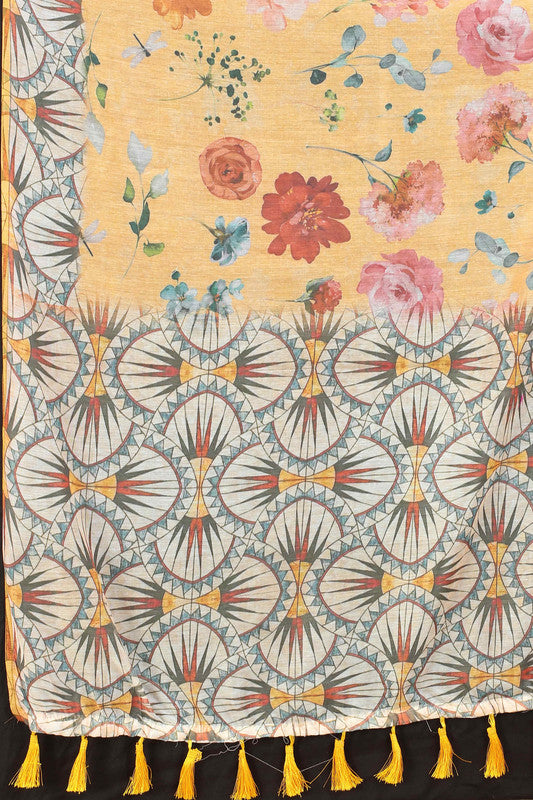 Peach Cotton Blend Printed Floral Saree with Unstitched Blouse - Hiral Fashion - Distacart