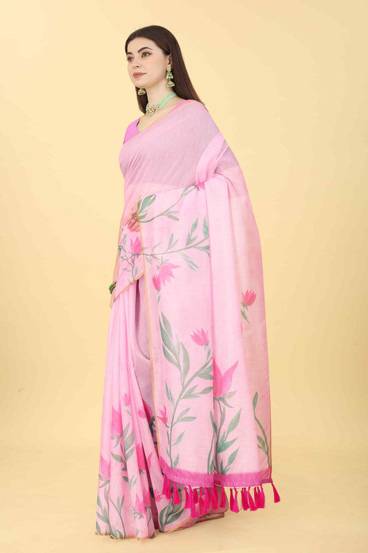 Pink Cotton Blend Printed Floral Saree with Unstitched Blouse - Hiral Fashion - Distacart