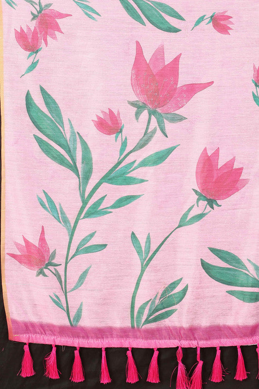 Pink Cotton Blend Printed Floral Saree with Unstitched Blouse - Hiral Fashion - Distacart