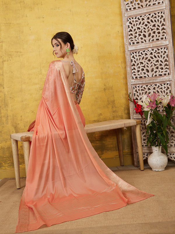 Peach Pure Viscose Chinon Zari Woven Solid Saree with Unstitched Blouse - Hiral Fashion - Distacart