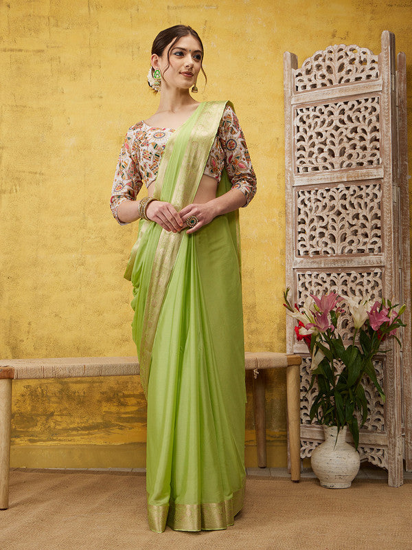 Green Pure Viscose Chinon Zari Woven Solid Saree with Unstitched Blouse - Hiral Fashion - Distacart