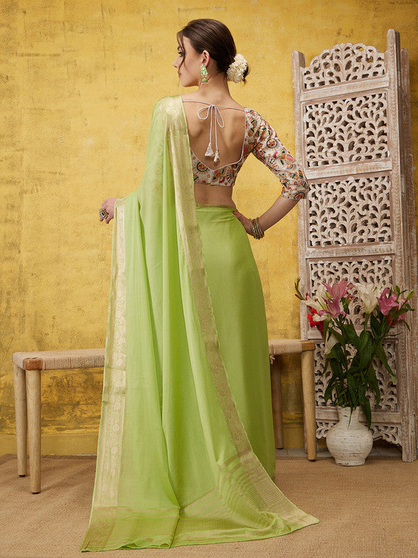Green Pure Viscose Chinon Zari Woven Solid Saree with Unstitched Blouse - Hiral Fashion - Distacart