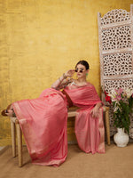 Thumbnail for Light Pink Pure Viscose Chinon Zari Woven Solid Saree with Unstitched Blouse - Hiral Fashion - Distacart