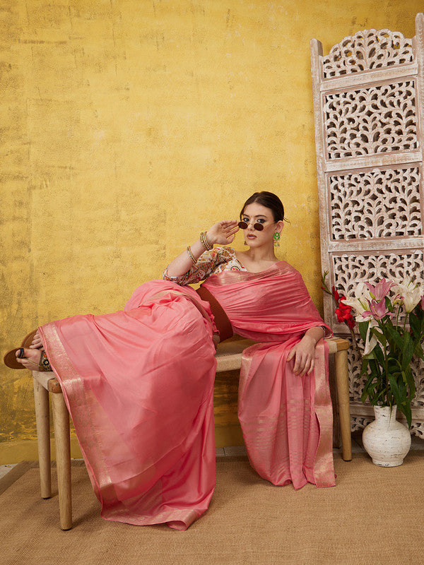 Light Pink Pure Viscose Chinon Zari Woven Solid Saree with Unstitched Blouse - Hiral Fashion - Distacart