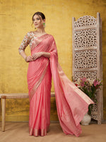 Thumbnail for Light Pink Pure Viscose Chinon Zari Woven Solid Saree with Unstitched Blouse - Hiral Fashion - Distacart