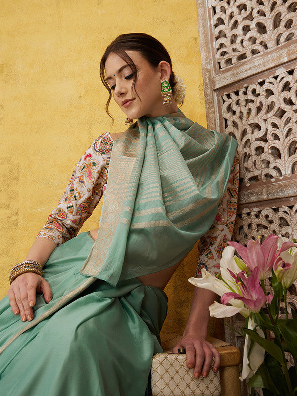 Turquoise Pure Viscose Chinon Zari Woven Solid Saree with Unstitched Blouse - Hiral Fashion - Distacart