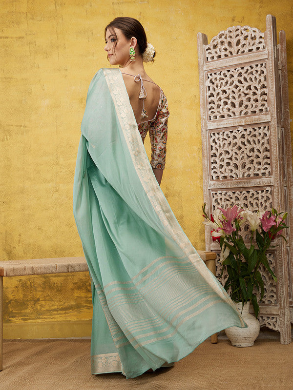 Turquoise Pure Viscose Chinon Zari Woven Solid Saree with Unstitched Blouse - Hiral Fashion - Distacart