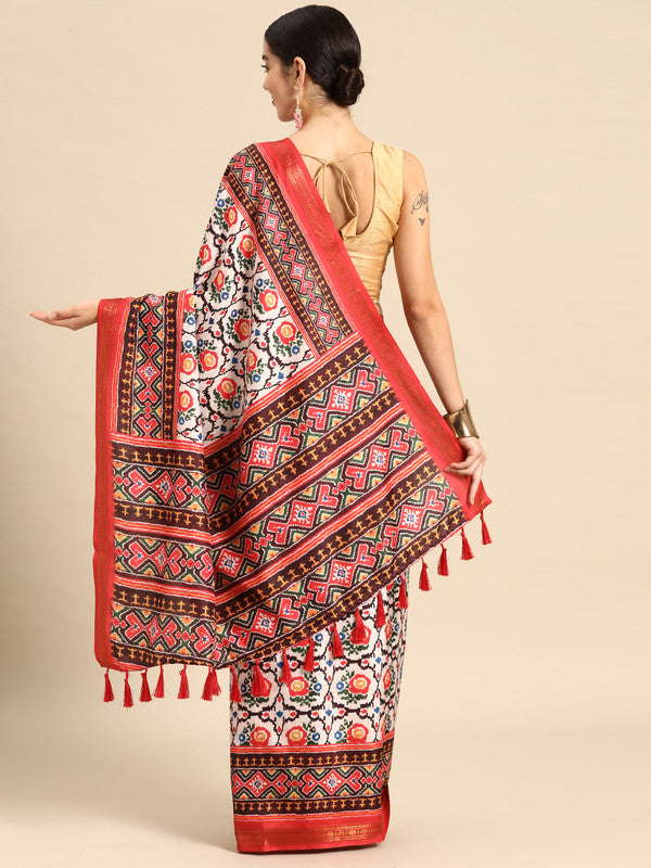 White Silk Blend Digital Print Patola Saree with Unstitched Blouse - Hiral Fashion - Distacart