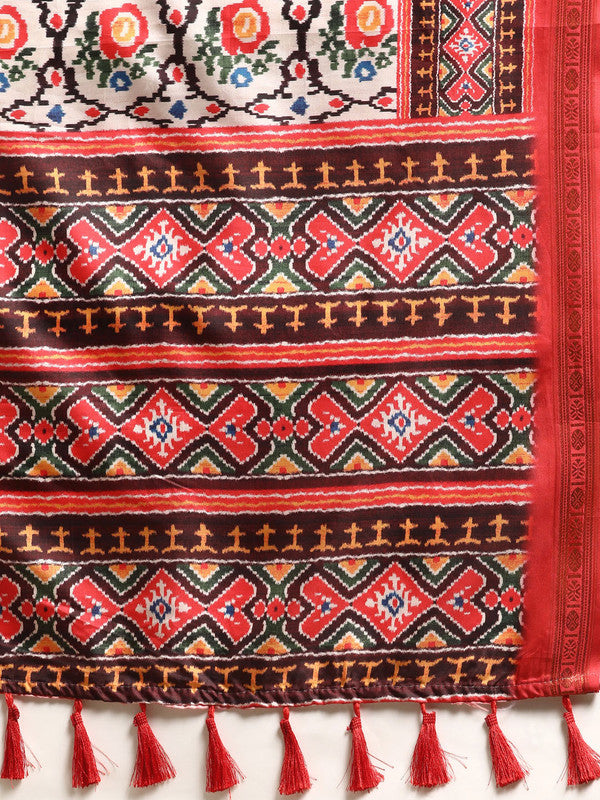 White Silk Blend Digital Print Patola Saree with Unstitched Blouse - Hiral Fashion - Distacart