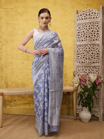 Thumbnail for Gray Cotton Woven Zari Design Floral Saree with Unstitched Blouse - Hiral Fashion - Distacart