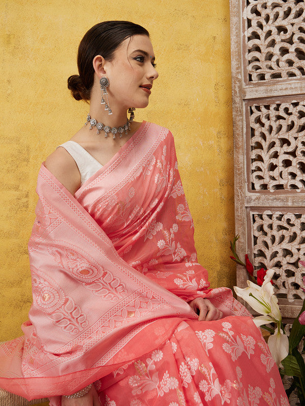 Peach Cotton Woven Zari Design Floral Saree with Unstitched Blouse - Hiral Fashion - Distacart
