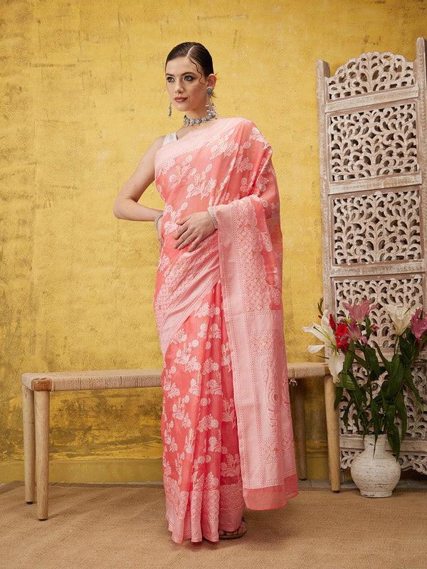 Peach Cotton Woven Zari Design Floral Saree with Unstitched Blouse - Hiral Fashion - Distacart