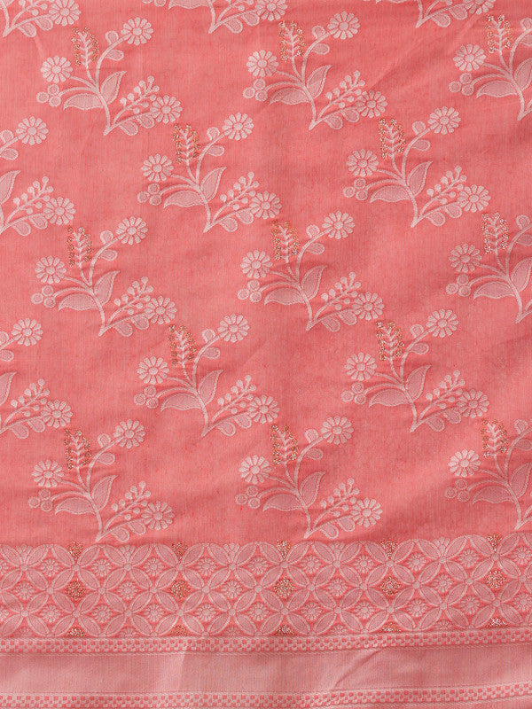 Peach Cotton Woven Zari Design Floral Saree with Unstitched Blouse - Hiral Fashion - Distacart