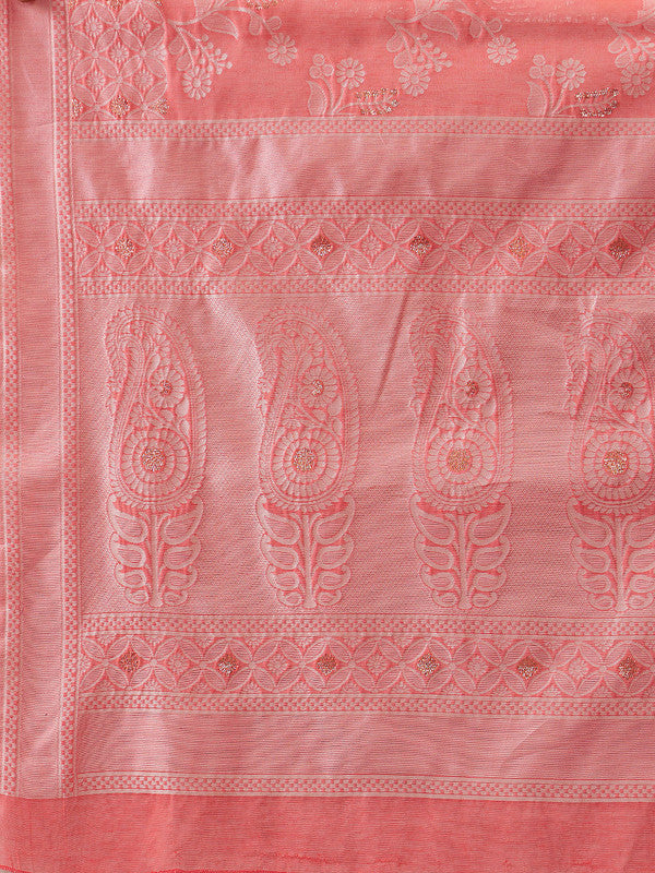 Peach Cotton Woven Zari Design Floral Saree with Unstitched Blouse - Hiral Fashion - Distacart