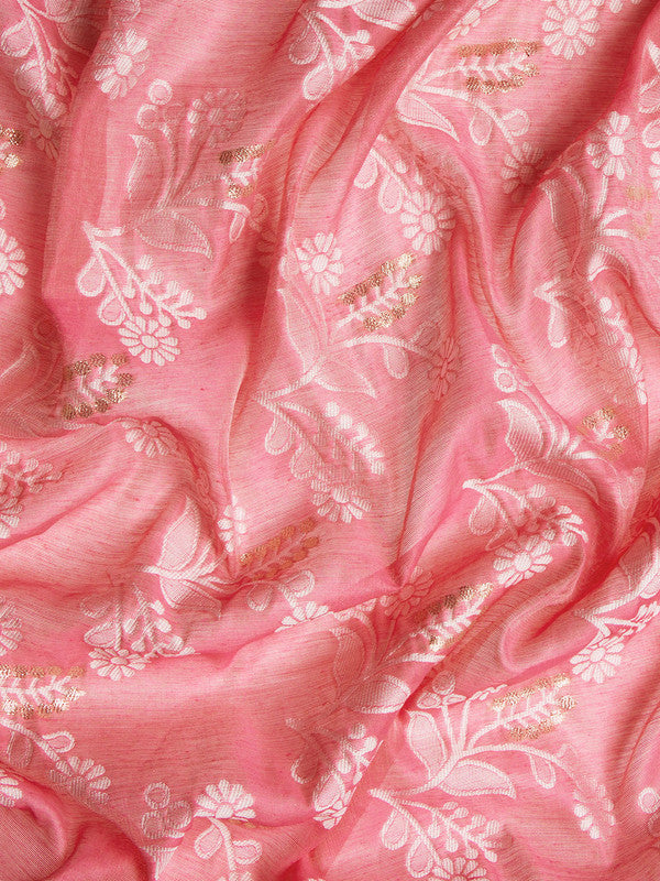 Peach Cotton Woven Zari Design Floral Saree with Unstitched Blouse - Hiral Fashion - Distacart