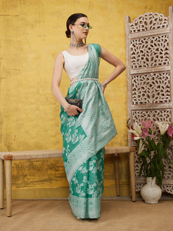Turquoise Cotton Woven Zari Design Floral Saree with Unstitched Blouse - Hiral Fashion - Distacart