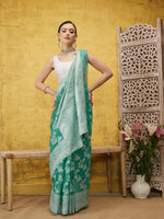 Thumbnail for Turquoise Cotton Woven Zari Design Floral Saree with Unstitched Blouse - Hiral Fashion - Distacart