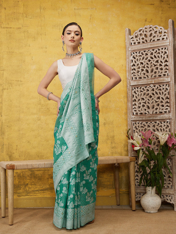 Turquoise Cotton Woven Zari Design Floral Saree with Unstitched Blouse - Hiral Fashion - Distacart