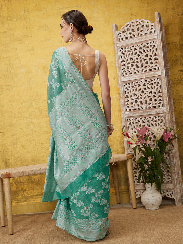 Turquoise Cotton Woven Zari Design Floral Saree with Unstitched Blouse - Hiral Fashion - Distacart