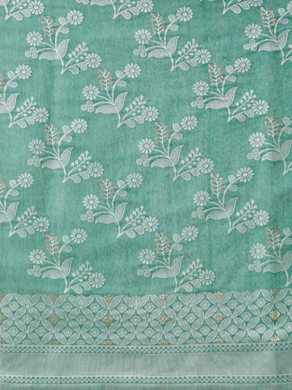 Turquoise Cotton Woven Zari Design Floral Saree with Unstitched Blouse - Hiral Fashion - Distacart