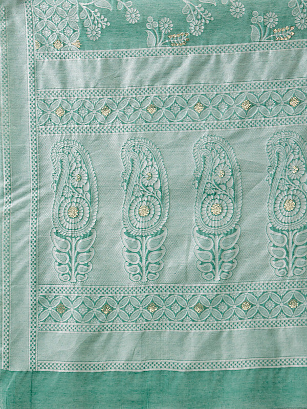 Turquoise Cotton Woven Zari Design Floral Saree with Unstitched Blouse - Hiral Fashion - Distacart