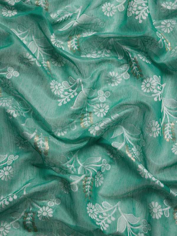 Turquoise Cotton Woven Zari Design Floral Saree with Unstitched Blouse - Hiral Fashion - Distacart