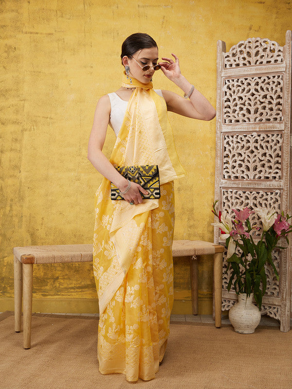 Yellow Cotton Woven Zari Design Floral Saree with Unstitched Blouse - Hiral Fashion - Distacart