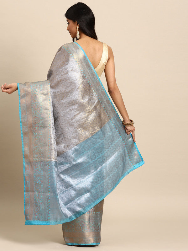 Blue Tissue Silk Woven Zari Design Floral Saree with Unstitched Blouse - Hiral Fashion - Distacart
