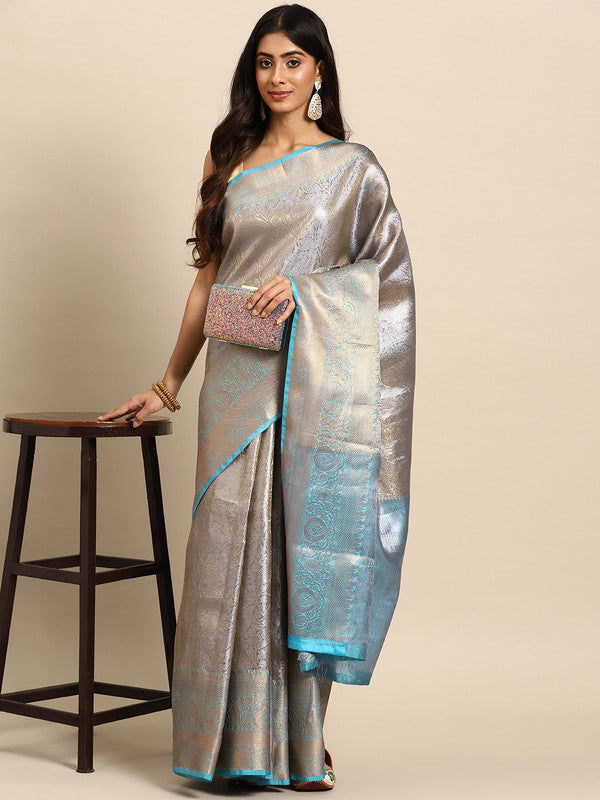Blue Tissue Silk Woven Zari Design Floral Saree with Unstitched Blouse - Hiral Fashion - Distacart