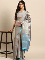 Thumbnail for Blue Tissue Silk Woven Zari Design Floral Saree with Unstitched Blouse - Hiral Fashion - Distacart
