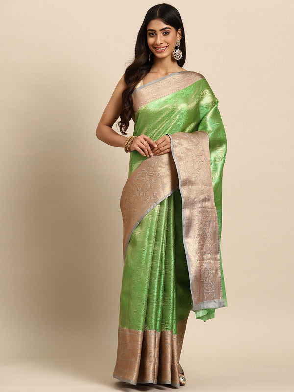 Green Tissue Silk Woven Zari Design Floral Saree with Unstitched Blouse - Hiral Fashion - Distacart