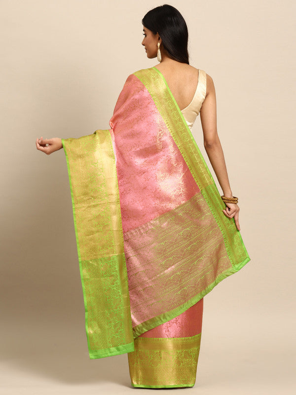 Pink Tissue Silk Woven Zari Design Floral Saree with Unstitched Blouse - Hiral Fashion - Distacart