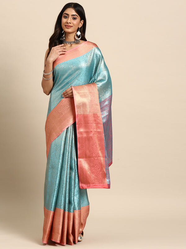 Turquoise Tissue Silk Woven Zari Design Floral Saree with Unstitched Blouse - Hiral Fashion - Distacart