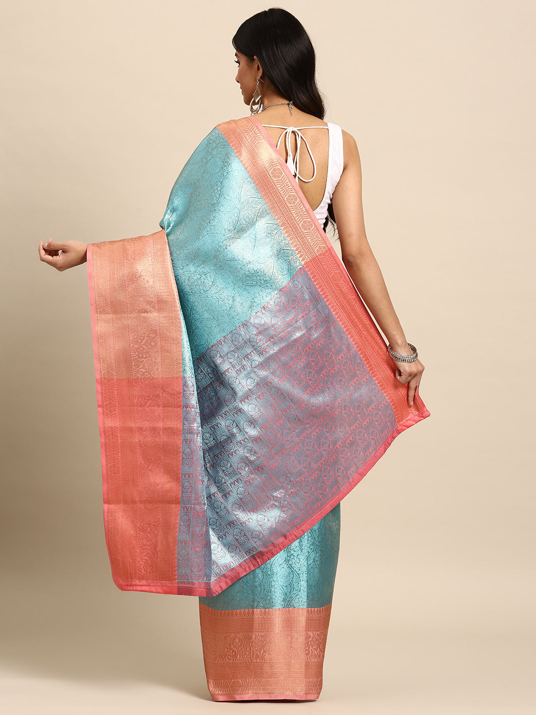 Turquoise Tissue Silk Woven Zari Design Floral Saree with Unstitched Blouse - Hiral Fashion - Distacart