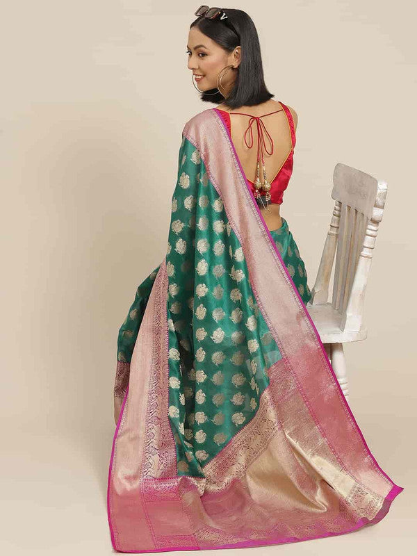 Turquoise Pure Silk Woven Zari Design Animal Saree with Unstitched Blouse - Hiral Fashion - Distacart