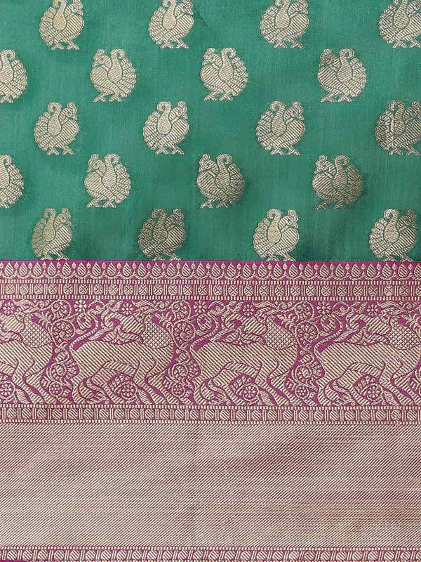 Turquoise Pure Silk Woven Zari Design Animal Saree with Unstitched Blouse - Hiral Fashion - Distacart