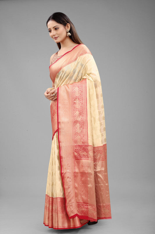 White Pure Silk Woven Zari Design Animal Saree with Unstitched Blouse - Hiral Fashion - Distacart