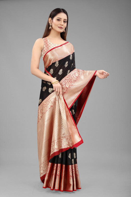 Black Pure Silk Woven Zari Design Floral Saree with Unstitched Blouse - Hiral Fashion - Distacart
