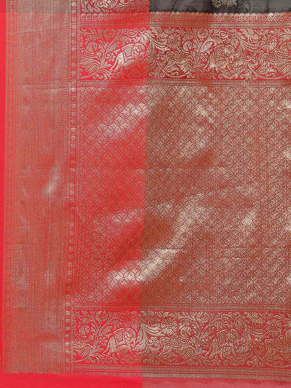 Black Pure Silk Woven Zari Design Floral Saree with Unstitched Blouse - Hiral Fashion - Distacart