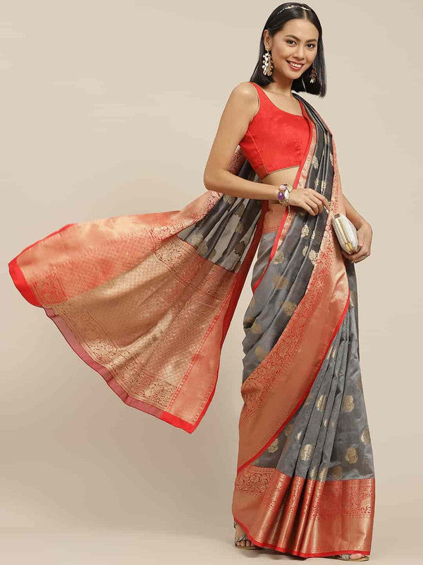 Gray Pure Silk Woven Zari Design Floral Saree with Unstitched Blouse - Hiral Fashion - Distacart