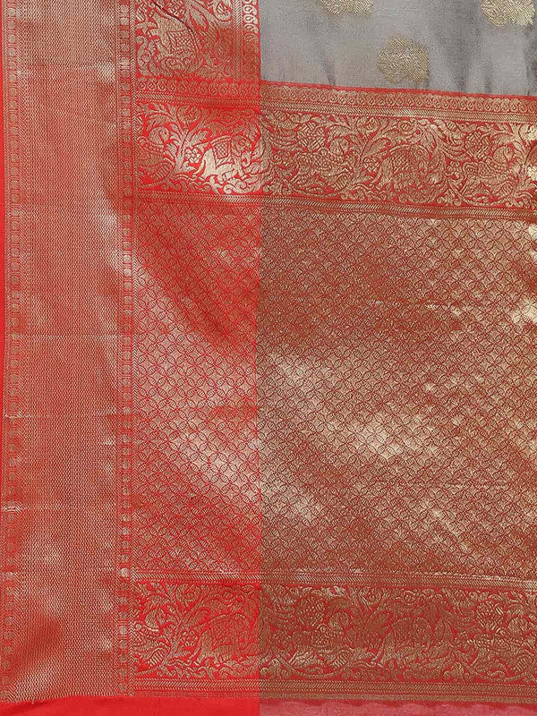 Gray Pure Silk Woven Zari Design Floral Saree with Unstitched Blouse - Hiral Fashion - Distacart