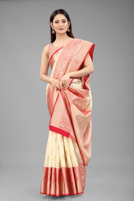White Pure Silk Woven Zari Design Floral Saree with Unstitched Blouse - Hiral Fashion - Distacart