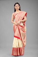 Thumbnail for White Pure Silk Woven Zari Design Floral Saree with Unstitched Blouse - Hiral Fashion - Distacart