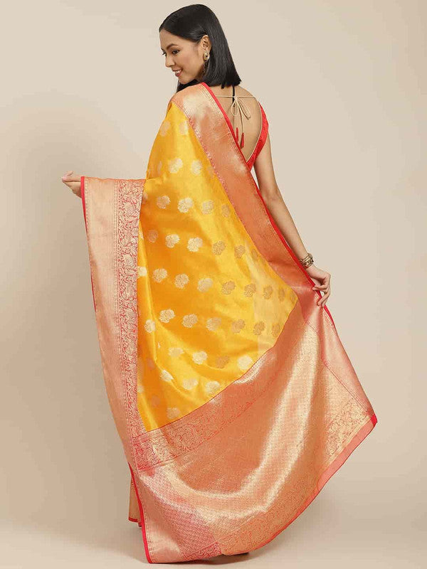 Yellow Pure Silk Woven Zari Design Floral Saree with Unstitched Blouse - Hiral Fashion - Distacart