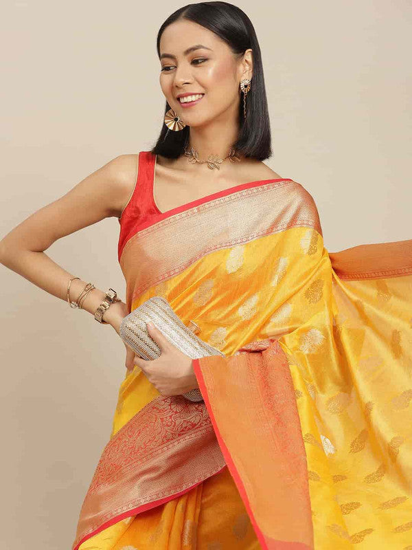 Yellow Pure Silk Woven Zari Design Floral Saree with Unstitched Blouse - Hiral Fashion - Distacart